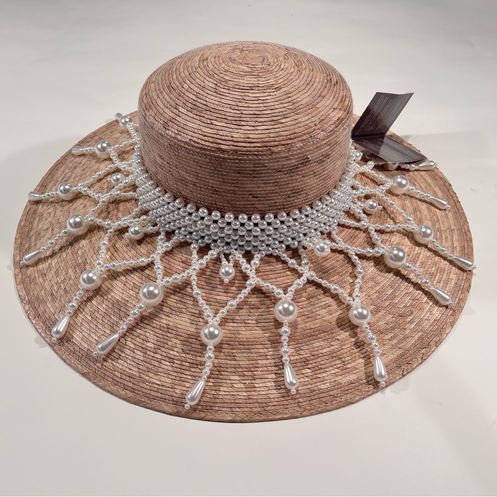 Kentucky Derby Elegant Palm Hat with Pearl Accents 5 1/2” wide brim NWT